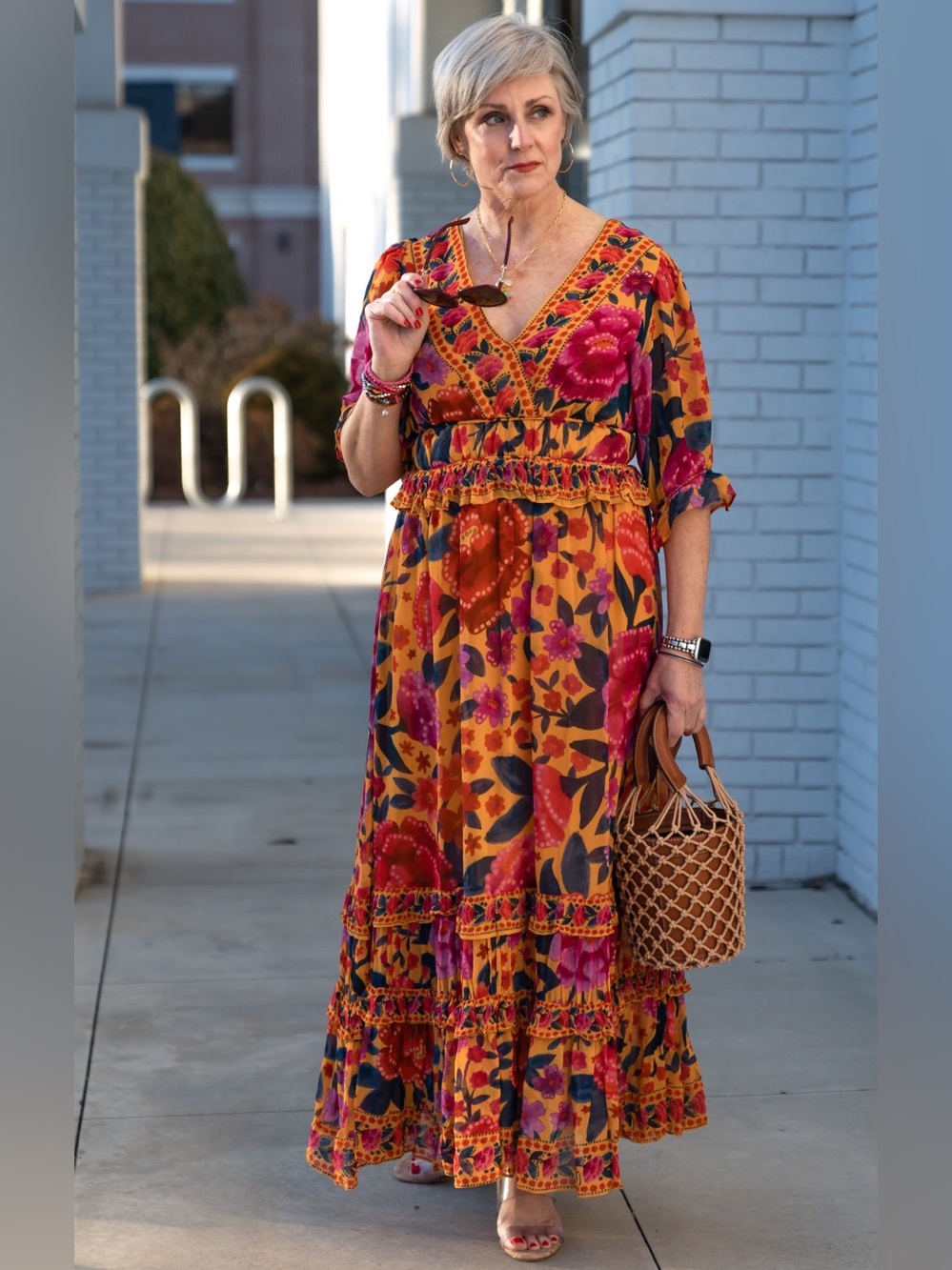 FARM Rio Ruffled Floral Print Georgette Maxi Dress Marigold XL NWOT - Picture 5 of 16